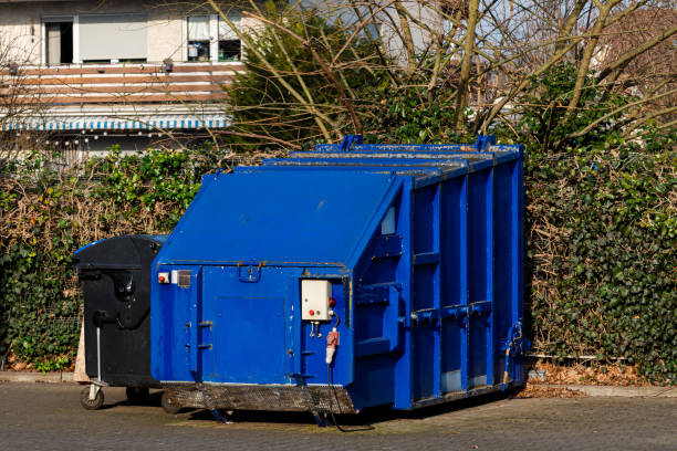 istock Blue dumpster located near residential area with greenery 2201796041
