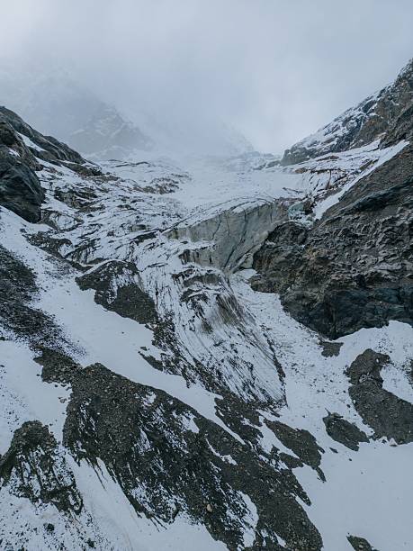 istock Chalaadi glacier in the Caucasus mountains close-up, glacier cracks, aerial view 2201796043