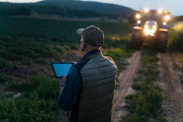 istock Elderly male farmer working on a digital tablet in evening 2201798562