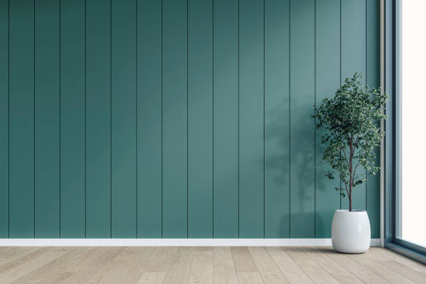 istock A minimalistic, unfurnished interior with a potted plant in front of an empty deep green paneled accent wall background with copy space, and a window 2201799200