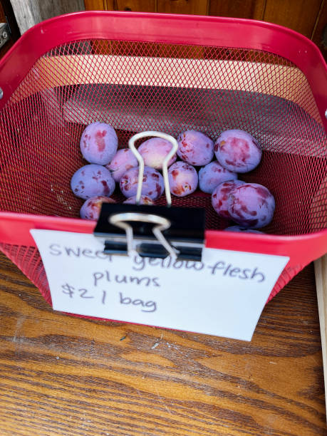 A punnet of fresh plums sits at a farmers market stall, with a label on the front displaying the price per bag