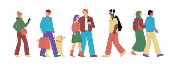 istock A horizontal hand-drawn crowd of different people walking in pairs and singly towards each other. A symbol of a multiracial equal society. 2201814309