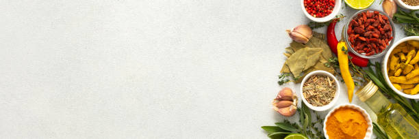 istock A wide selection of cooking spices and herbs on a gray background, perfect for adding depth to any dish, top view and copy space, banner 2201815709