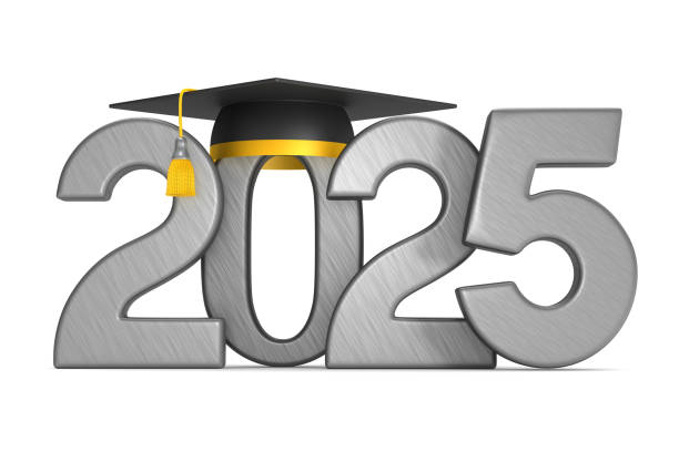 istock 2025 year and graduation cap on white background. Isolated 3D illustration 2201824411