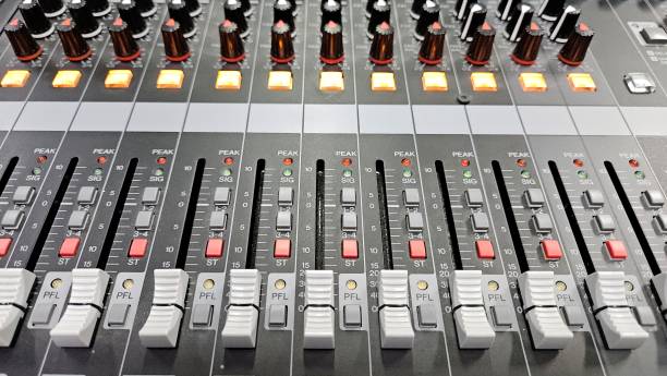 istock A close-up view of a professional audio mixing console with multiple faders, knobs, and illuminated buttons. 2201826043