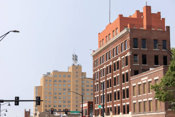 Kansas City, Kansas, USA - June 15, 2023: Historic building facades stand in the downtown urban core.