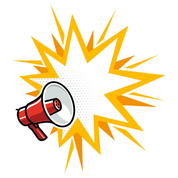 Megaphone Sign in Vector. Outlined and Red Colored Megaphone on Yellow Colors Star Shape. Megaphone Design Clipart, Design Element Related to Promotion, Broadcast or Advertising. megaphone stock illustrations