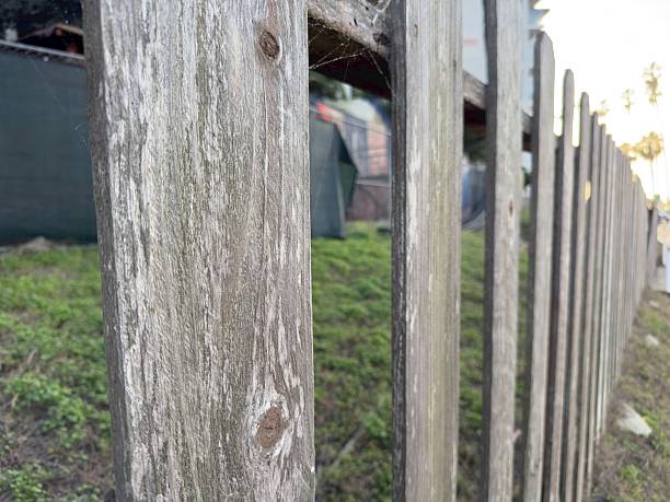 An image of a weathered, wood fence standing in front of a home that suffered fire damage in La Jolla, California, blending past charm with present destruction.