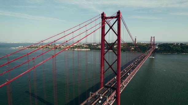 istock Drone view of the red suspension bridge over the river 2201845477