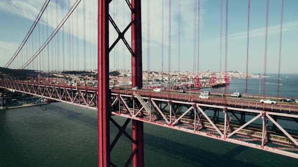 istock Drone view of the red suspension bridge over the river 2201845551