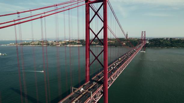 istock Drone view of the red suspension bridge over the river 2201845576