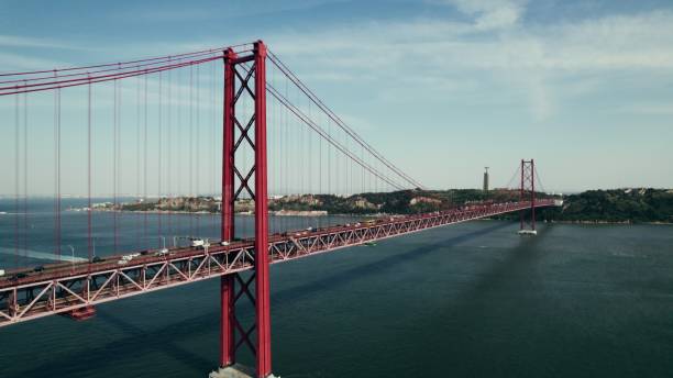 istock Drone view of the red suspension bridge over the river 2201845611
