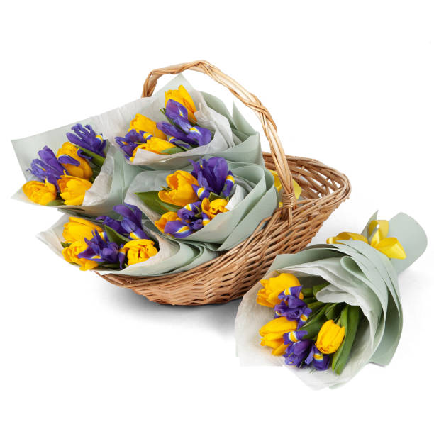 istock Beautiful wedding bouquet in wicker basket isolated on white background 2201845967