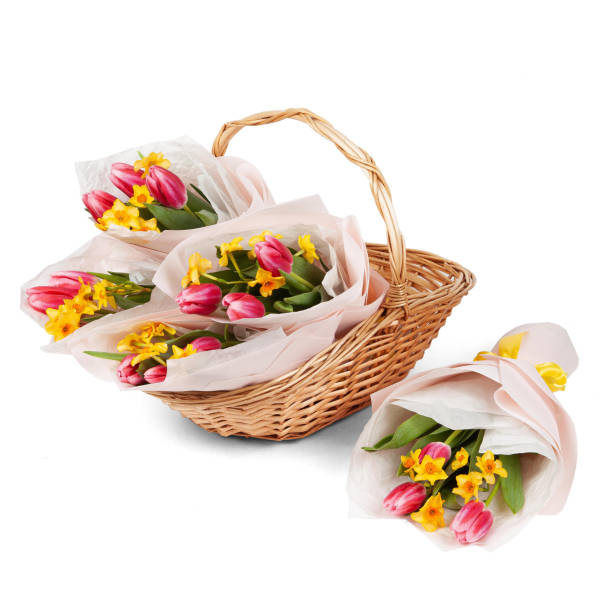 istock Beautiful wedding bouquet in wicker basket isolated on white background 2201846173