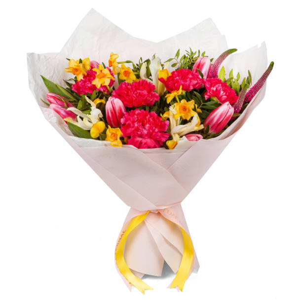 istock Beautiful wedding bouquet isolated on white background, wrapped in color paper 2201846241