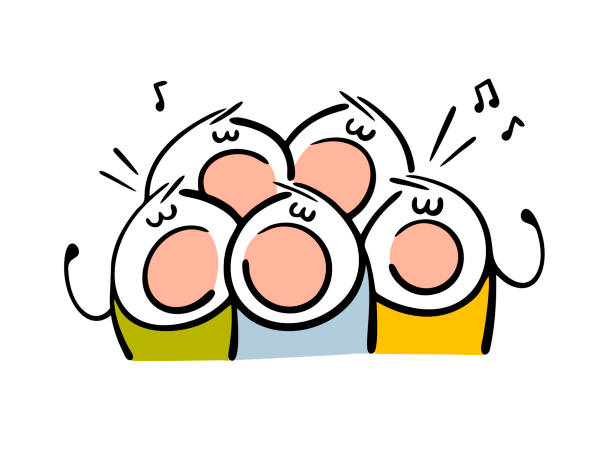 Large choir of children performs on the school stage. Vector illustration of extras at the opera in the theater. The boys are singing loudly. Isolated cartoon character on white background. Large choir of children performs on the school stage. Vector illustration of extras at the opera in the theater. The boys are singing loudly. Isolated cartoon character on white background. drawing-of-the-children-singing stock illustrations