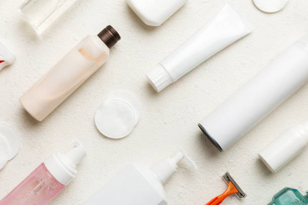 istock Mockup for bathing products top view flat lay, spa razor, toothpaste, soap, gel and other various accessories. Cosmetics for skin health. Bath Mockup for your logo 2201849835