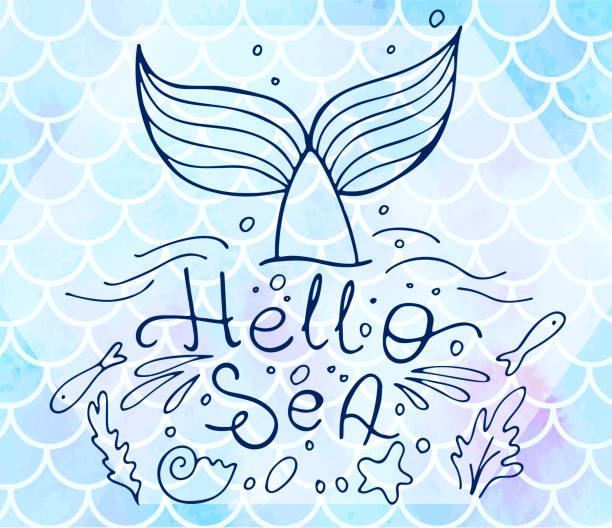 istock Lettering Hello sea and mermaid's tail on blue fish scales. Watercolor mermaid scales. Vector illustration. Perfect for print design for textile, poster, greeting card, invitation. 2201852654