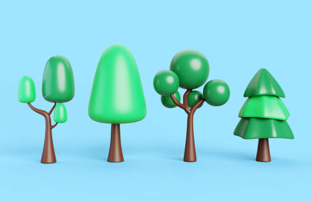 istock Green trees set 3d render icon. Cartoon plants with branches and leaves for spring or summer park, wood, forest, garden, landscape design. Nature objects isolated on blue background 2201857257