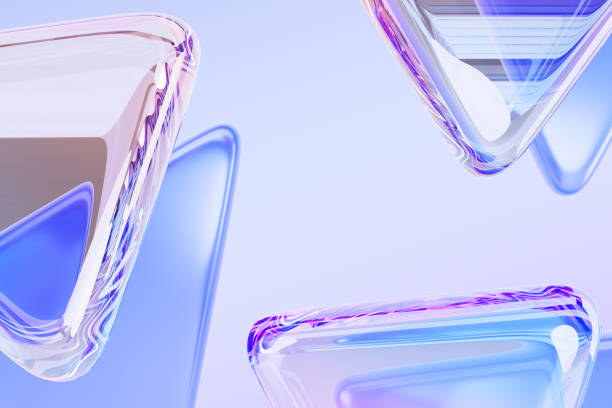 istock Abstract 3d blue background wallpaper with crystal glass plastic triangle plates render. Triangular transparent shapes with rainbow light prism effect, holographic gradient texture 2201857261