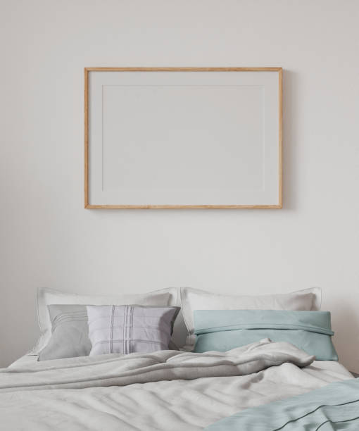 istock one frame mockup, bedroom cozy home interior, bed empty horizontal headboard wood pattern and wall background. room 3D render 2201857306