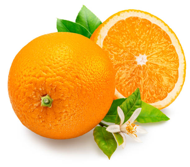 istock Orange fruit and orange sliced in half with leaves and flower on white background. File contains clipping path. 2201858913