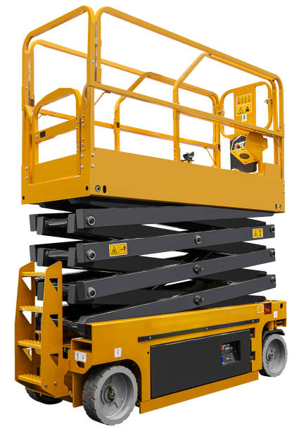 istock Side view yellow hydraulic scissor lift isolated on white background with clipping path 2201859269