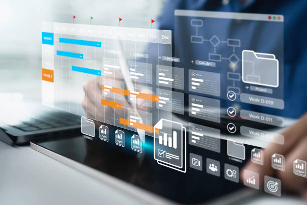 istock Project management tool concept. Business people use laptop to manager working projects and update task with Gantt chart schedule to Business plan and progress. Planning software. 2201863884