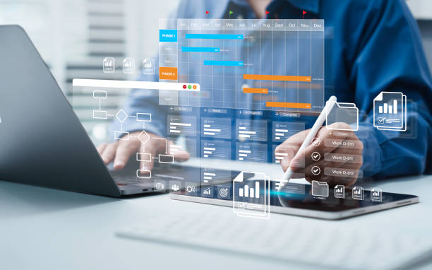 istock Project management tool concept. Business people use laptop to manager working projects and update task with Gantt chart schedule to Business plan and progress. Planning software. 2201863898