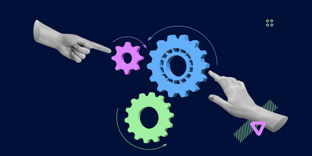 istock Hands arranging colorful gears in motion on a dark background. Synchronization and problem-solving, innovation and progress concept. Minimalist art collage 2201863966
