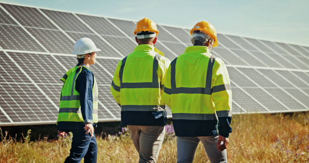 istock Solar panel, walking and back with people, inspection and cooperation for renewable energy project. Group, climate change and employees in field, sustainability and eco friendly with quality control 2201865145