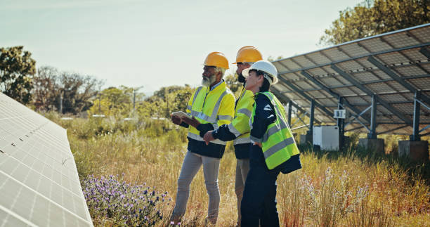 istock People, team and installation with solar panel for photovoltaic, PV inspection or renewable energy. Group, engineer or technician contractors on tablet or technology for eco friendly power in nature 2201865230