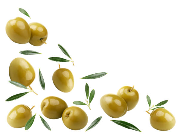 istock green olives with green leaves isolated on white background. clipping path 2201865668