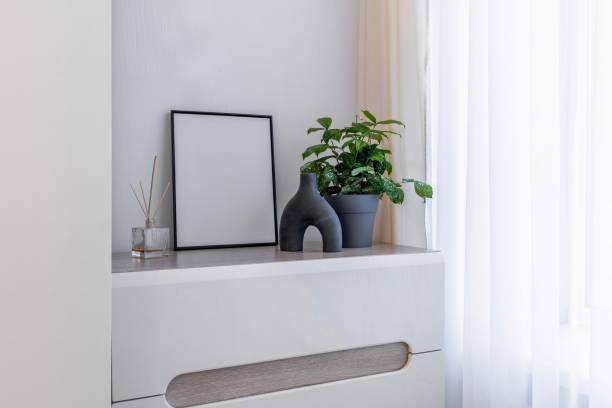 istock Modern Shelf with Plant, Vase, and Empty Picture Frame 2201868357