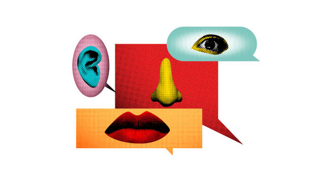 Abstract art collage. Interaction. Combination of eyes, ears, mouth, and nose forming network of speech bubbles reflects shared experiences. Concept of communication, sharing ideas and feedback.