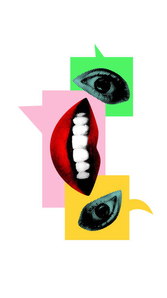 istock Abstract art collage. Dialogue Flow. Large red mouth with speech bubbles containing eyes, highlighting interplay between seeing and speaking in communication. 2201868751