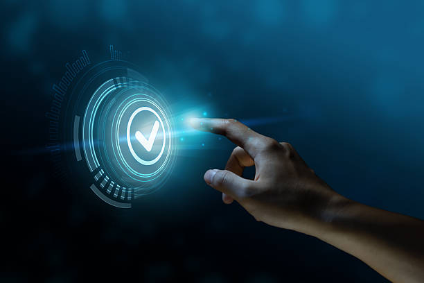 istock Index finger about to press the Check mark button, Check mark icon, display screen, touch screen, Composite between an image and a 3D background, 3D background, virtual screen. 2201872564