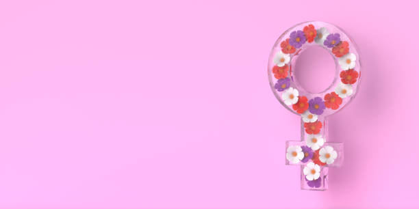 Women's day concept. Women's day concept. 3D rendered female symbol in frosted glass filled with colorful flowers. Pink background with large copy space.