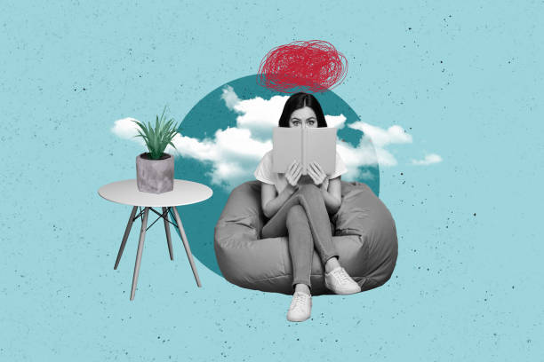 istock Composite trend artwork image collage of blue sky black white young lady sit beanbag hold hand book doodle mind think psychology session 2201884064