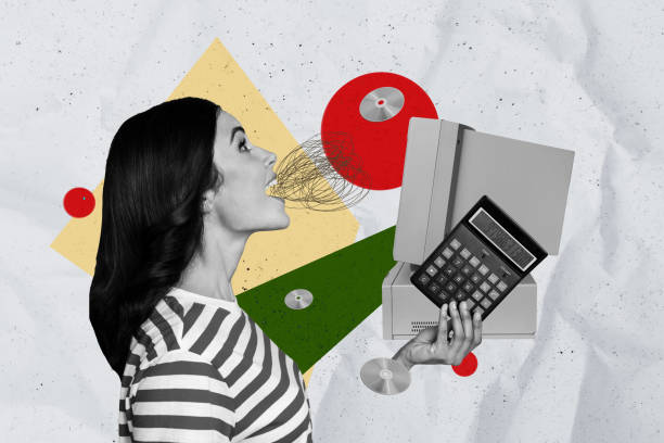 istock Composite sketch image trend artwork 3D photo collage of young lady talk doodle old retro computer monitor calculator count disk vintage 2201884068