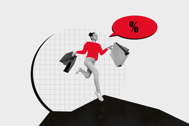 istock Composite trend image collage of black white silhouette young active lady run hold in hand paper bags sale discount percent black friday 2201884117