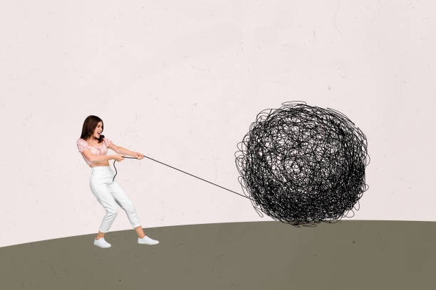istock Sketch image trend artwork composite photo collage of young strong lady do exercise pull push huge ball doodle thoughts hold in hnd rope 2201884164