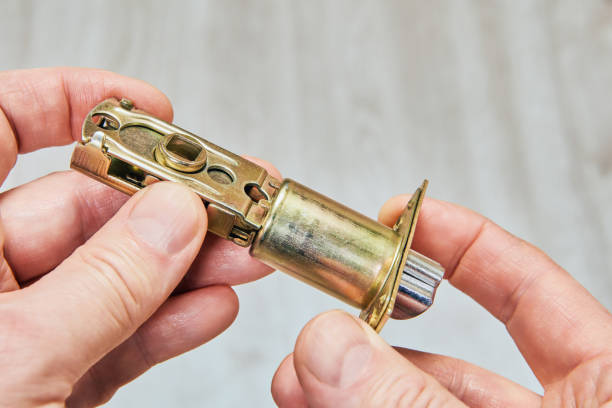 istock Latch bolt hardware,  exhibits extendable bolt, metal housing, and fixing points, commonly used in interior door installations for privacy and security. 2201884862