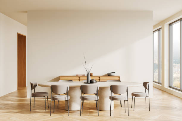 istock Minimalist dining room interior with large window and natural wooden flooring. 3D Rendering 2201887425