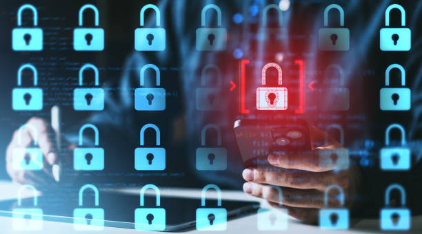 istock Cybersecurity concept with padlocks and smartphone usage in blue-red highlights. 2201887768