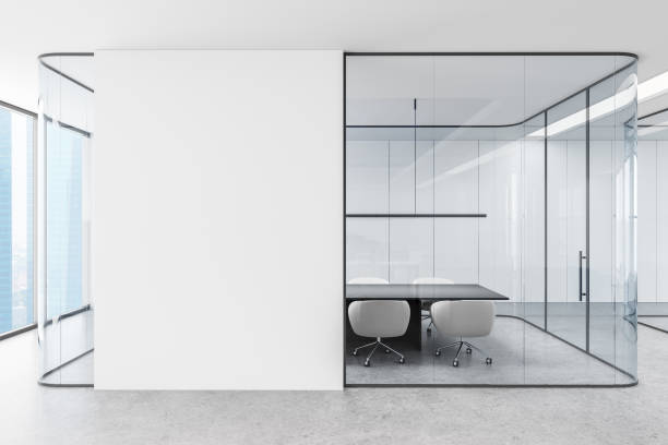 istock Modern open-space office interior with large windows, cityscape view, and rows of desks and chairs. 3D Rendering 2201888029
