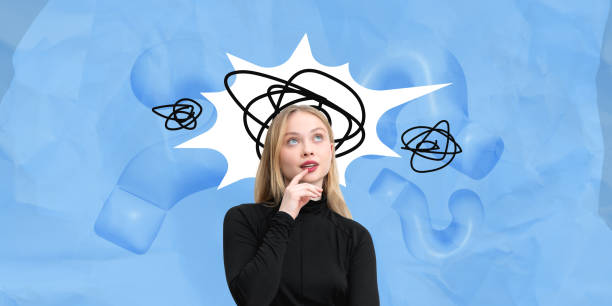 istock Woman thinking with abstract confusion symbols on blue backgroun 2201888140