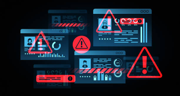 istock Digital warning symbols over virtual profiles on dark background. 3D Rendering 2201888220