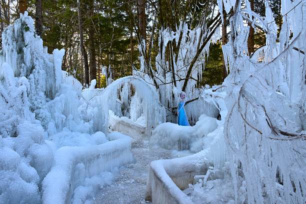 Path leading through a frozen kingdom with Elsa movie character