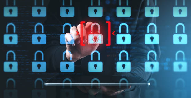 istock Cybersecurity concept with a red highlighted padlock among blue ones on a digital screen. 2201888698